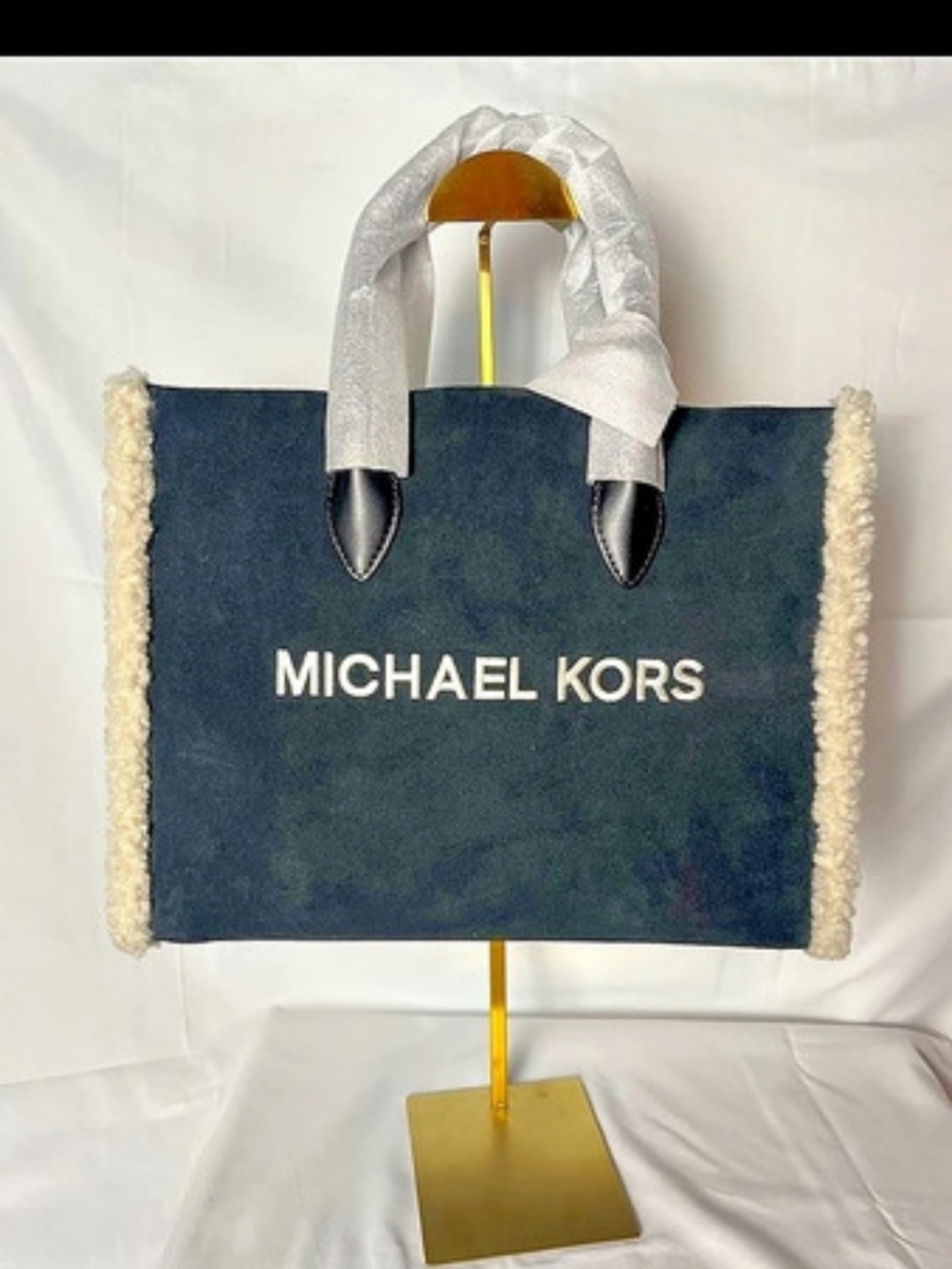 NWT Michael Kors Mirella Suede Faux Shearling Tote Bag Black Cream